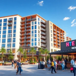 Rendering of a mixed-use development in Lexington featuring modern buildings and lively outdoor spaces.