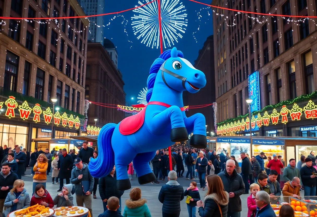 New Year’s Eve celebration in Lexington with blue horse mascot