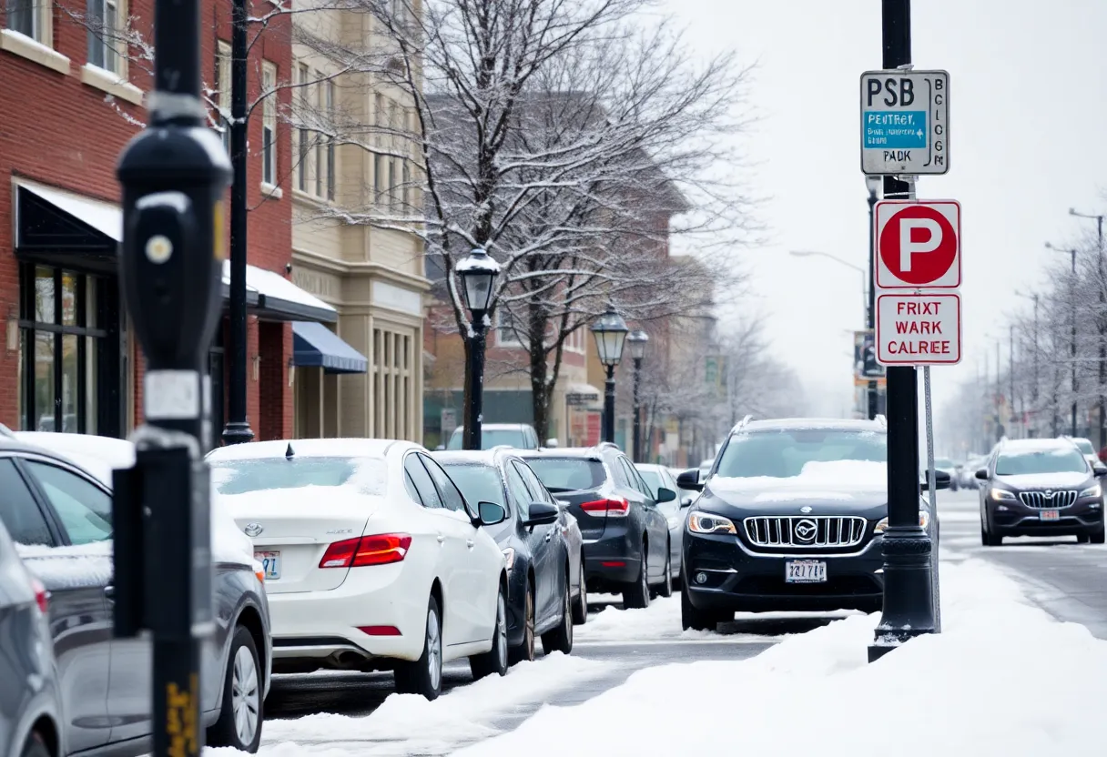 Snow-covered street with parked cars in Lexington, Kentucky.