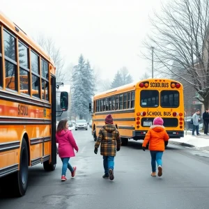 Children walking to school with a school bus on a clear road in winter.