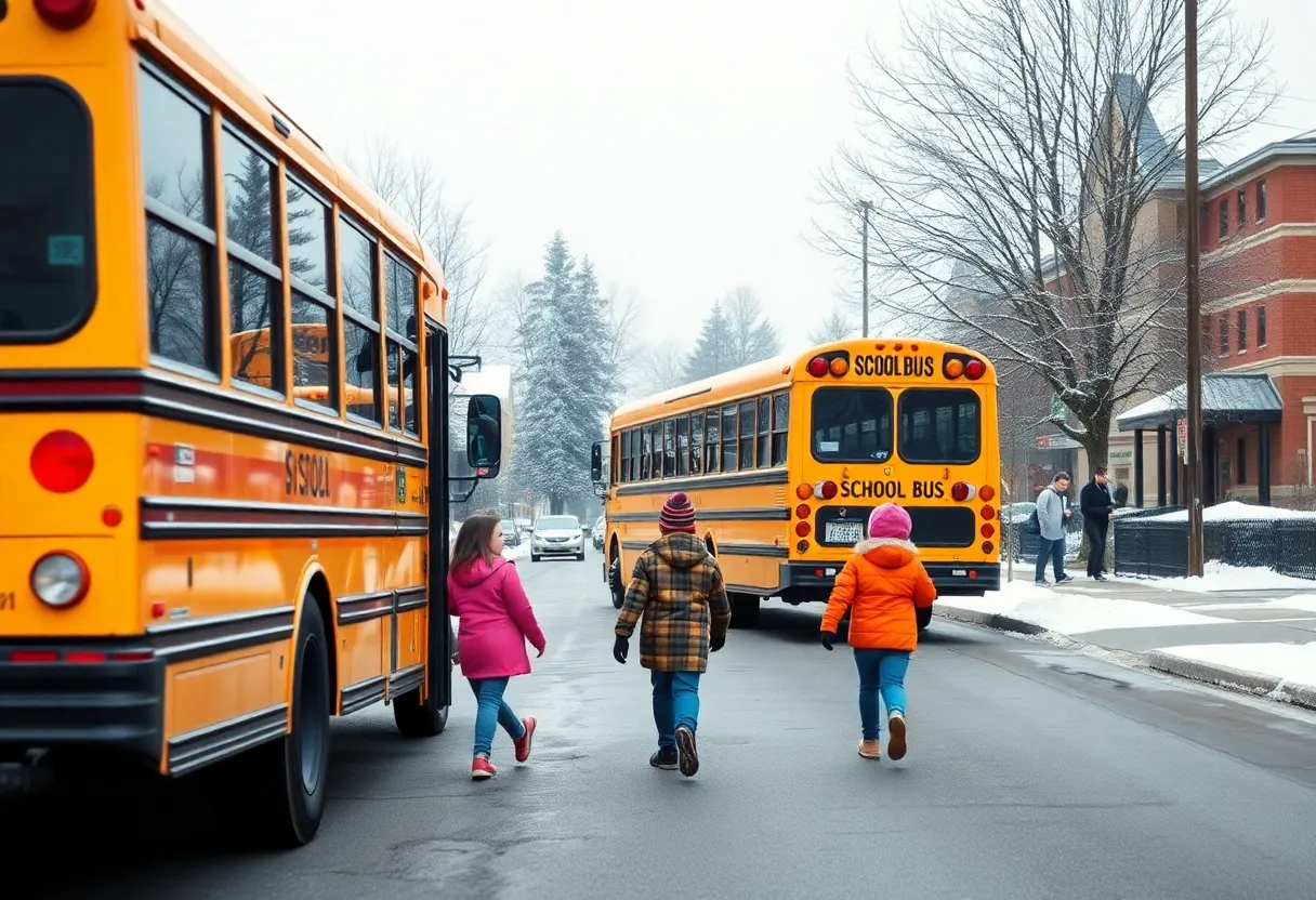 Children walking to school with a school bus on a clear road in winter.