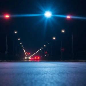 Police lights illuminating a dark Lexington street