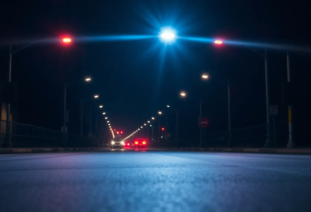 Police lights illuminating a dark Lexington street