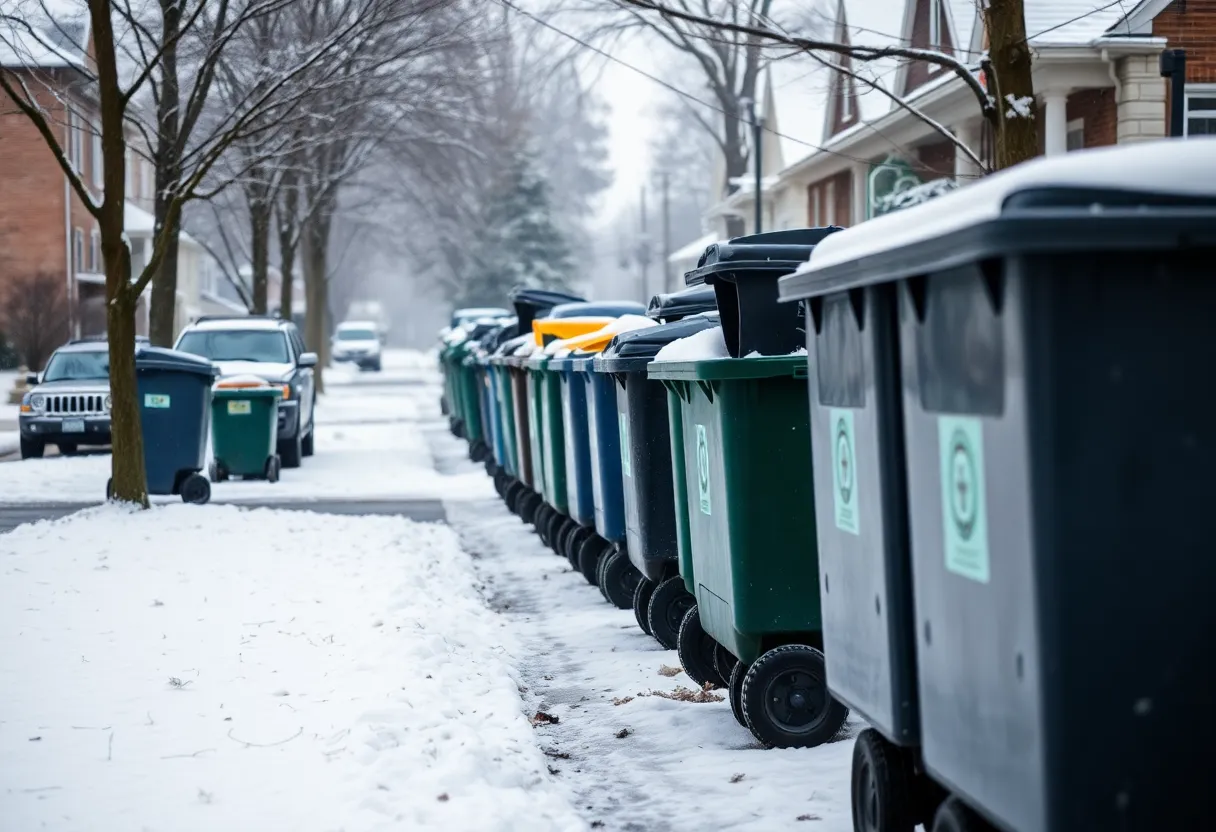 Snowy Lexington street with trash carts awaiting collection