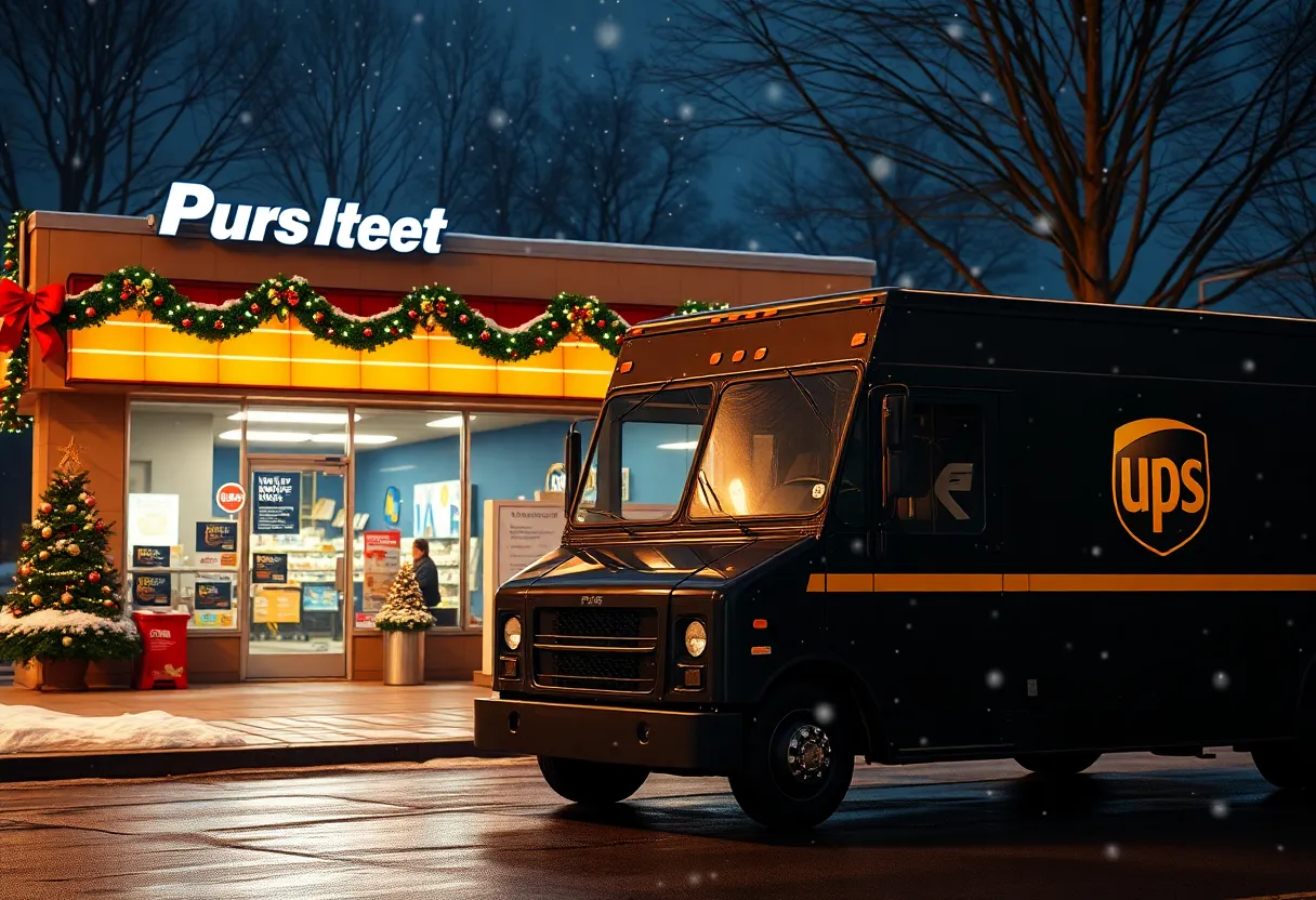 UPS truck in front of Clark's Pump-N-Shop decorated for Christmas