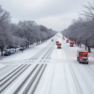Snowy street in Lexington with snow removal crews