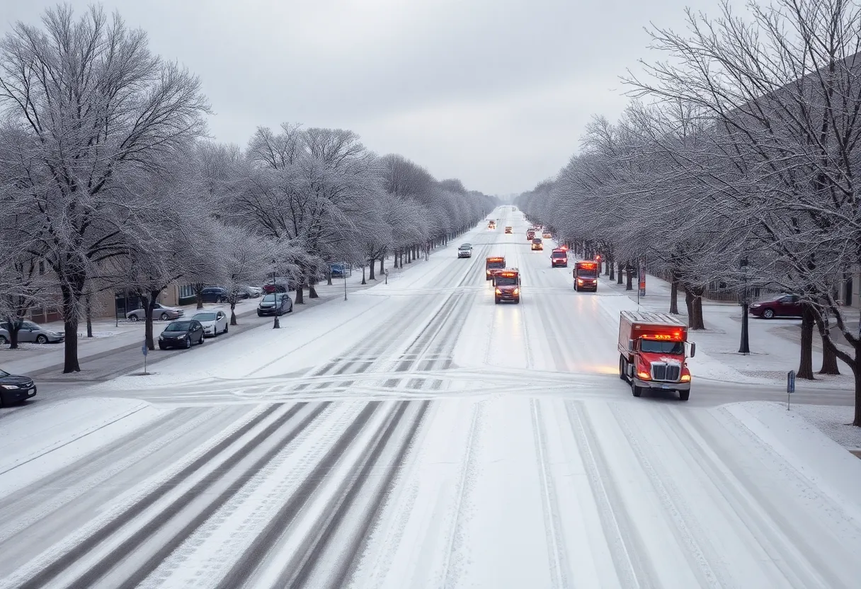 Snowy street in Lexington with snow removal crews