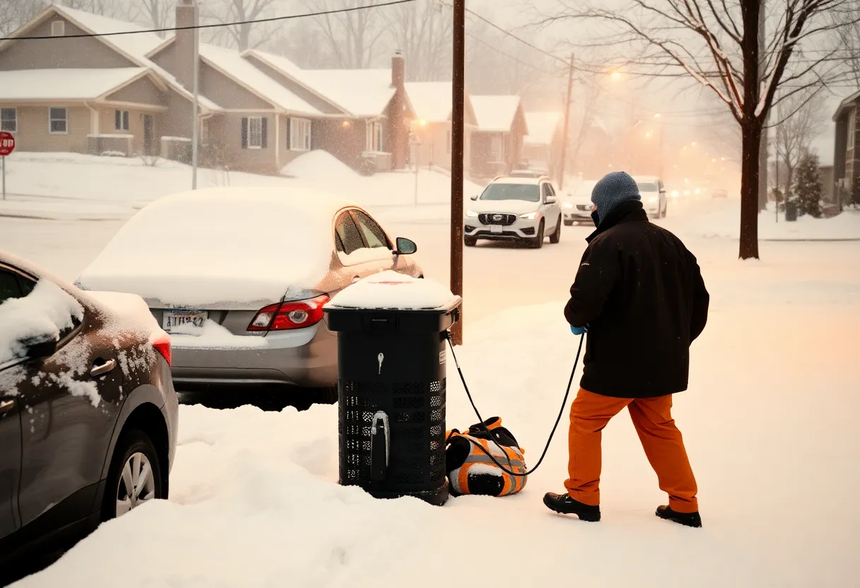 Snowy street in Lexington with snow removal equipment