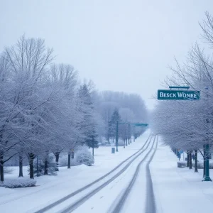 A view of snow-covered trees and streets in Lexington, Kentucky during winter.