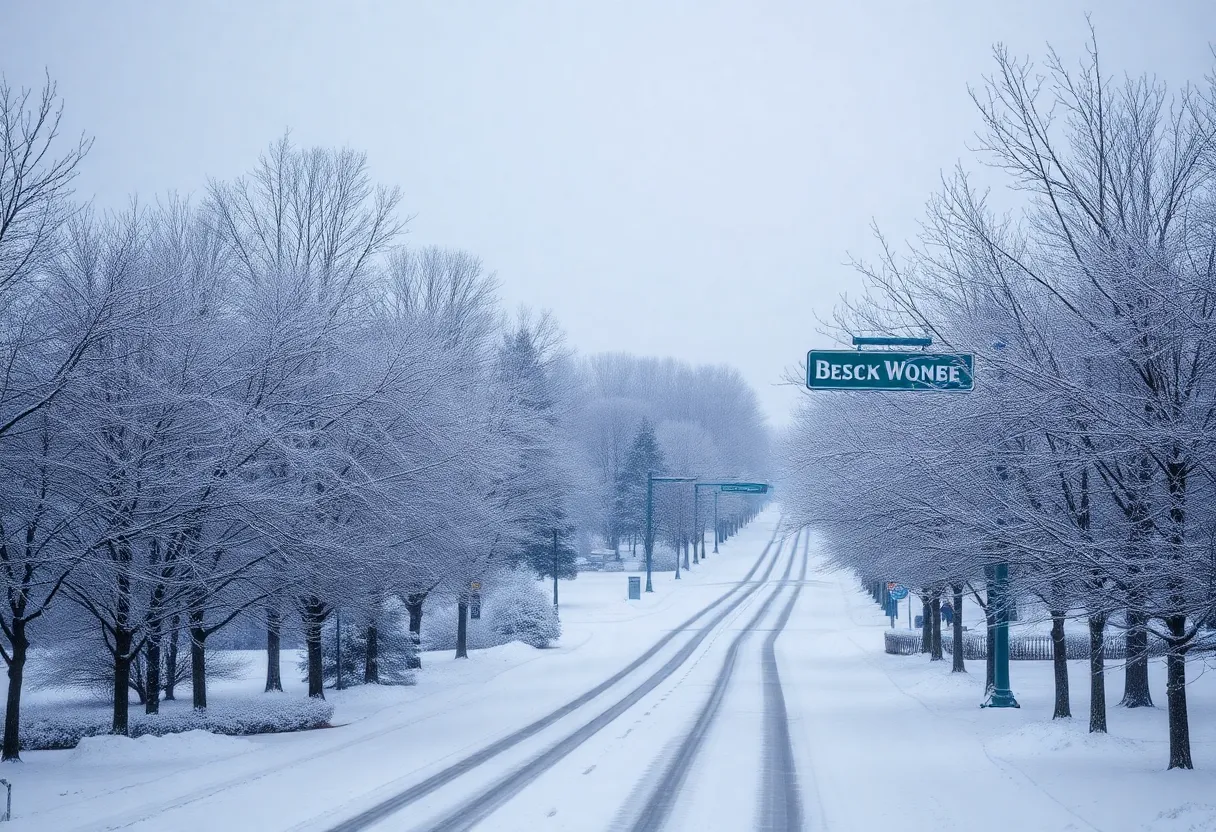 A view of snow-covered trees and streets in Lexington, Kentucky during winter.