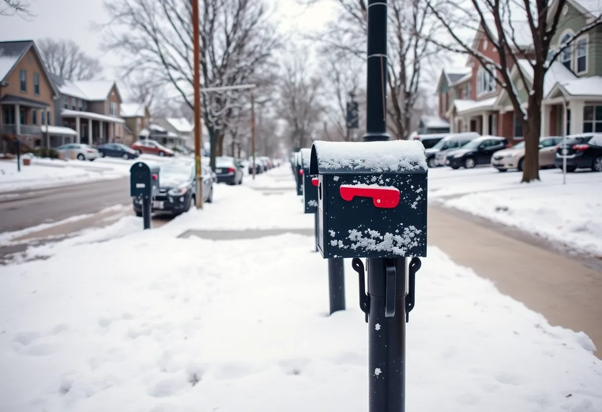 Snow-covered mailboxes in a Lexington neighborhood