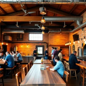 Interior view of the new Mirror Twin Brewing taproom with patrons enjoying drinks.