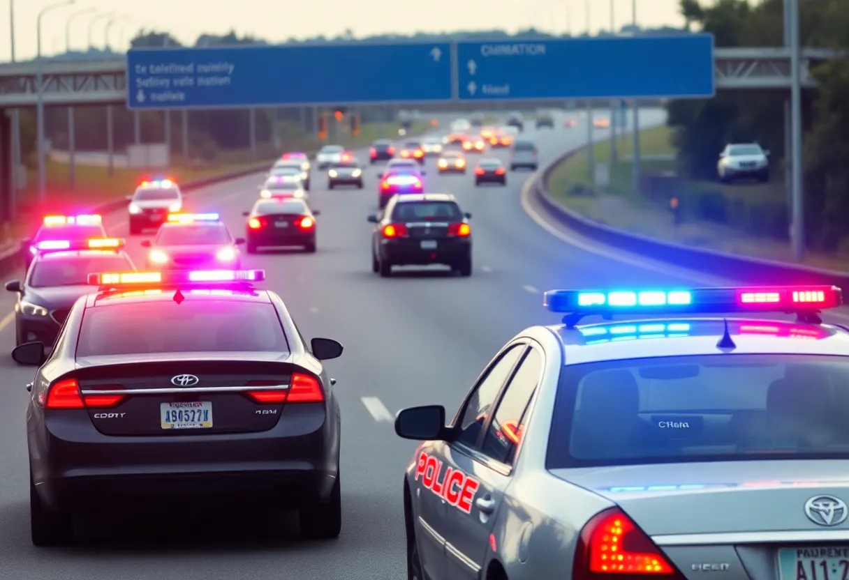 Police cars chasing a stolen vehicle on Interstate 64