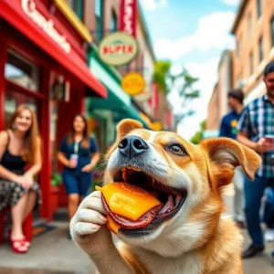 A joyful dog in downtown Lexington, basking in the sunshine