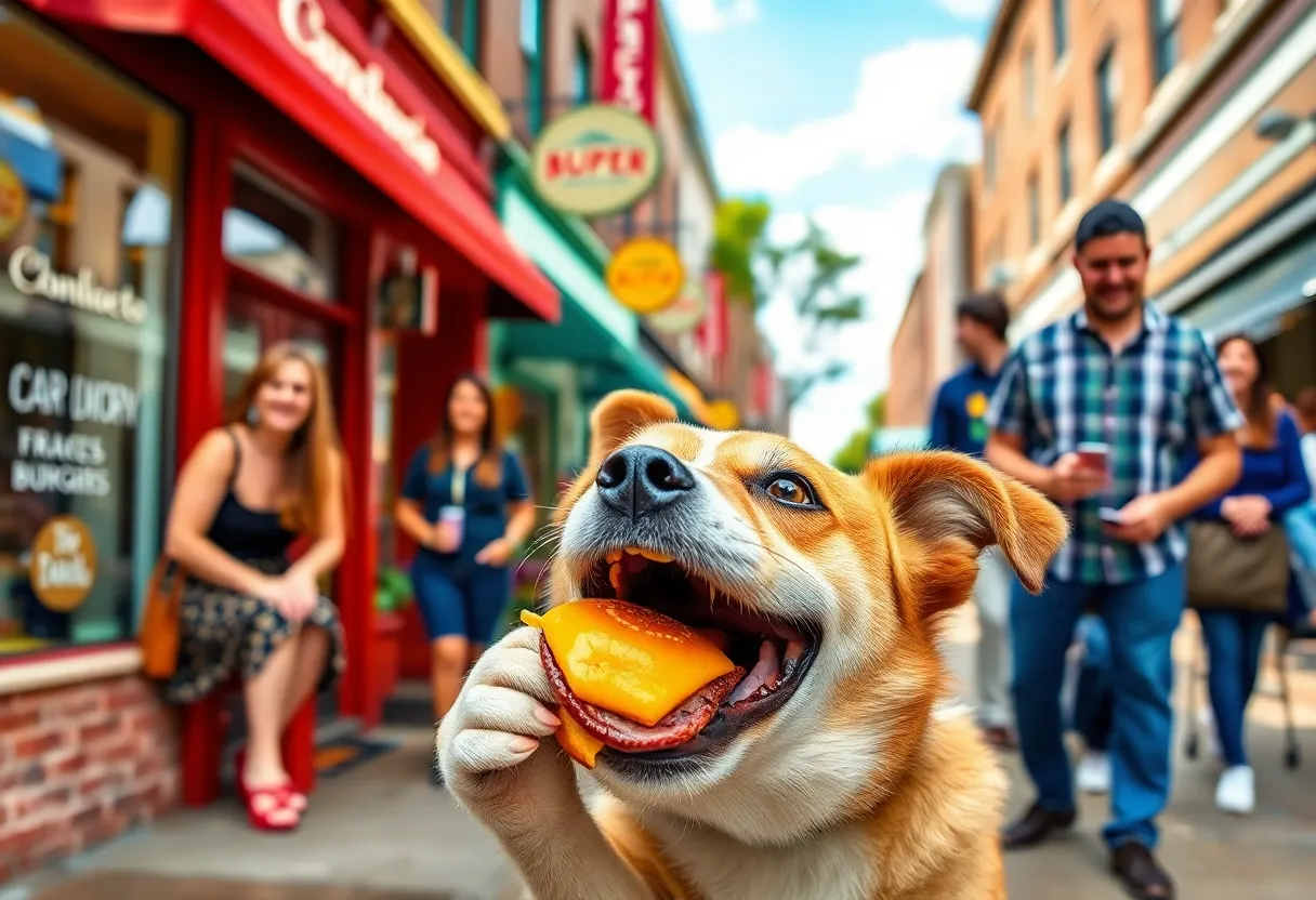 A joyful dog in downtown Lexington, basking in the sunshine