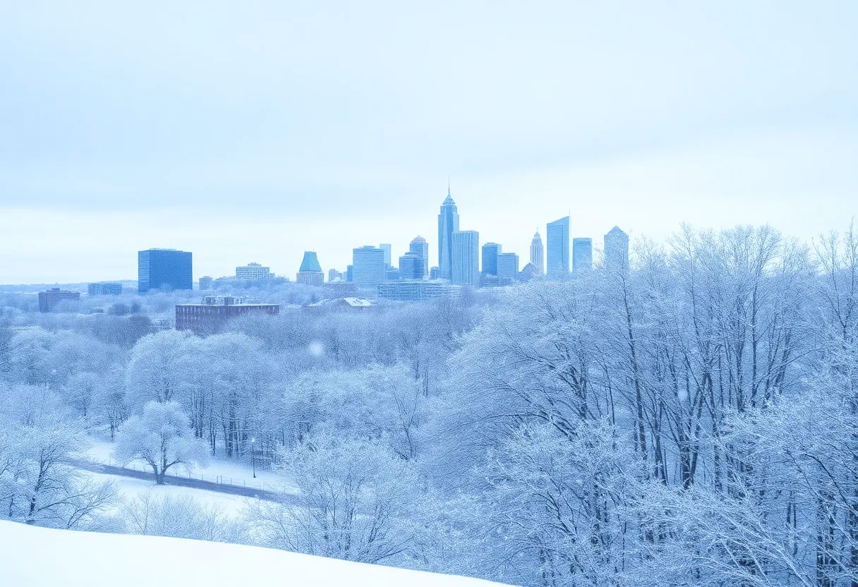 A snowy landscape of Central Kentucky with city skyline and trees.