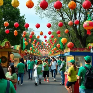 Celebration at Lexington's St. Patrick's Day festival with colorful decorations and participants in green attire.