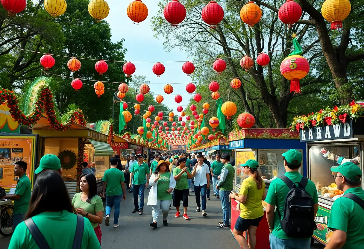 Celebration at Lexington's St. Patrick's Day festival with colorful decorations and participants in green attire.