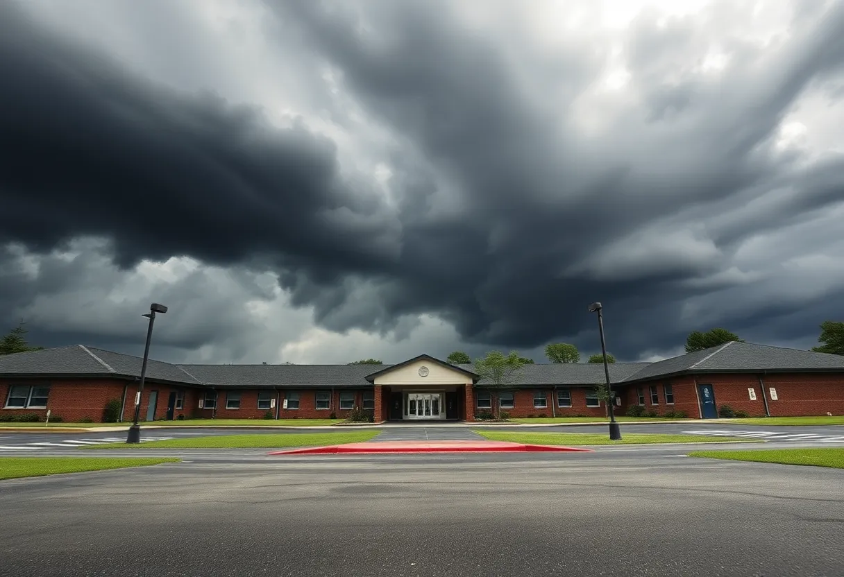 A dark, stormy sky over a school building as Hurricane Helene approaches.