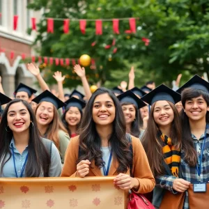 Students at a university campus celebrating achievements