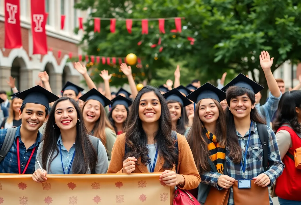 Students at a university campus celebrating achievements