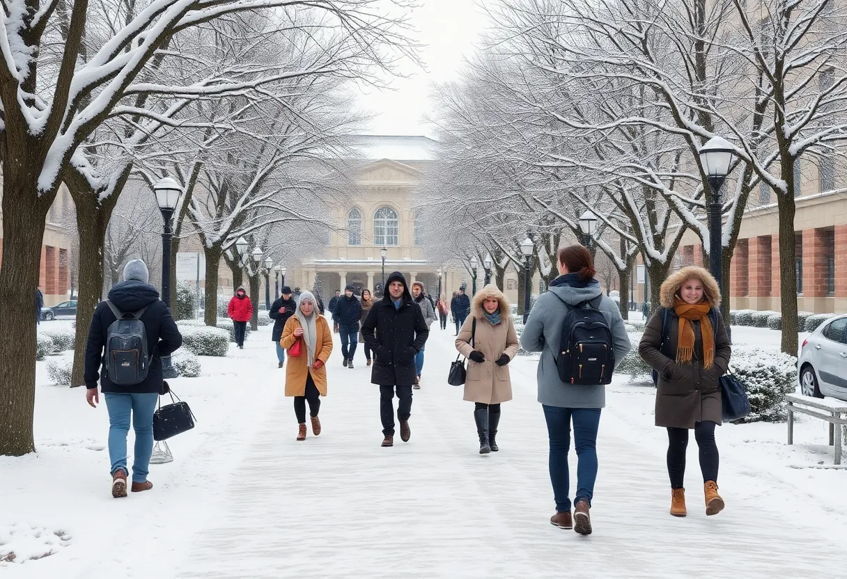 International students at a university campus in winter