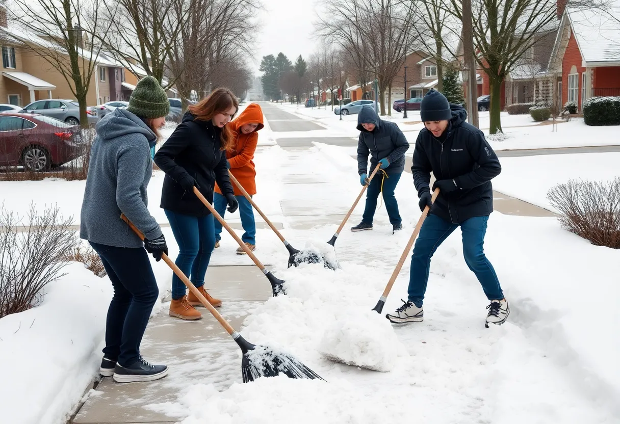 Teenagers clearing snow in Lexington, Kentucky