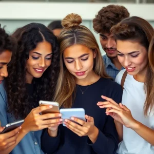 Diverse group of young individuals looking at their phones with expressions of worry and concern over social media changes.