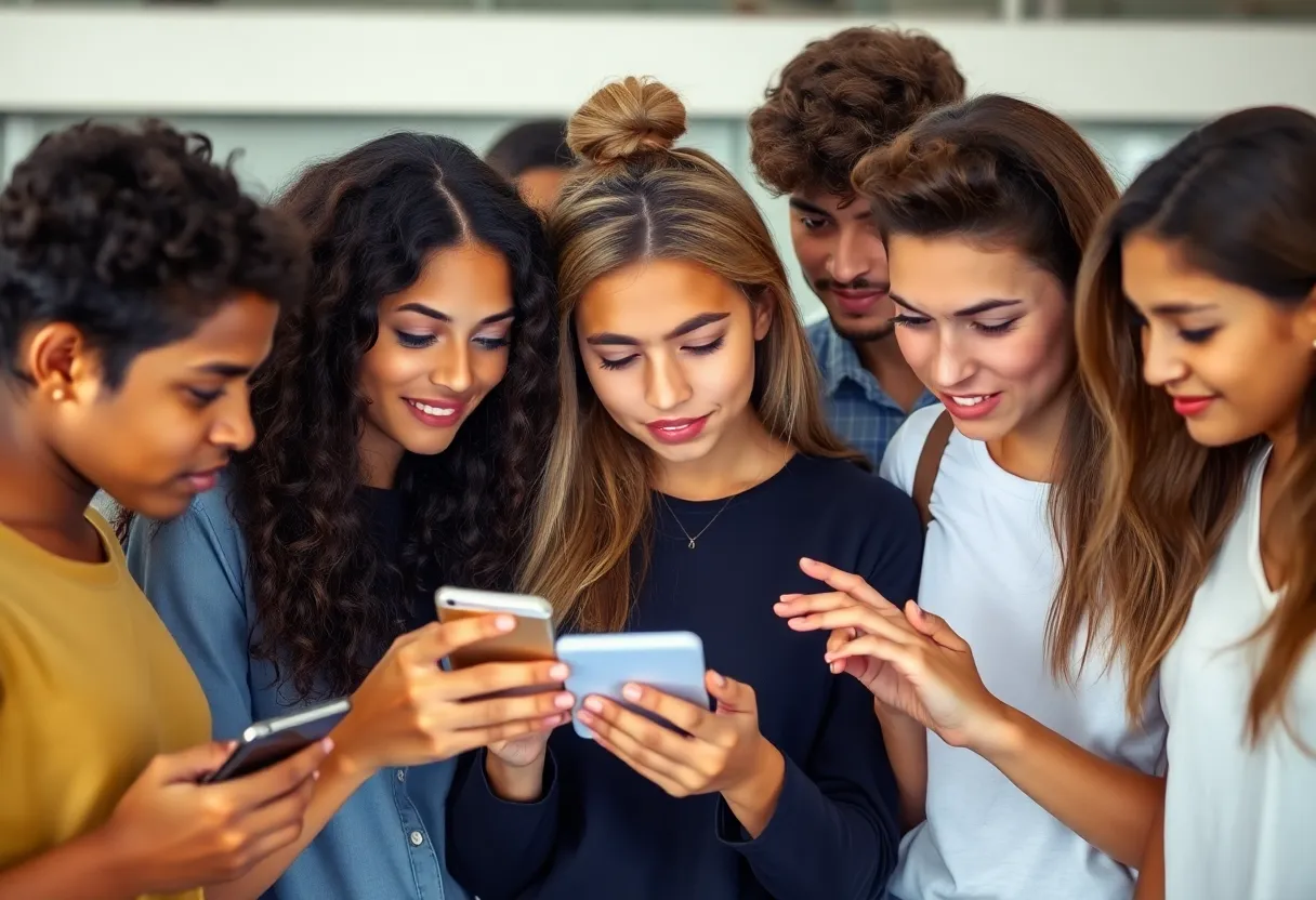 Diverse group of young individuals looking at their phones with expressions of worry and concern over social media changes.