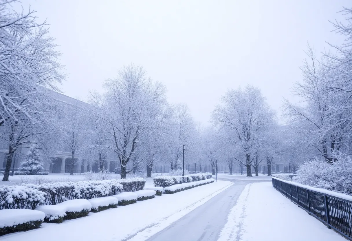 Snow-covered University of Kentucky campus during winter storm