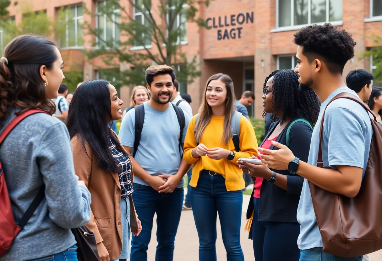 Group of diverse students discussing on the university campus