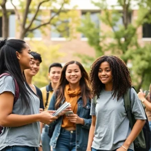 Diverse college students participating in a community safety event
