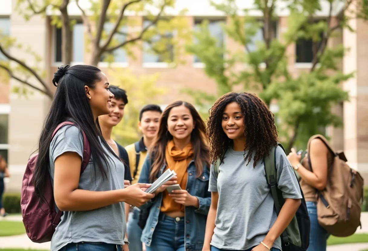 Diverse college students participating in a community safety event