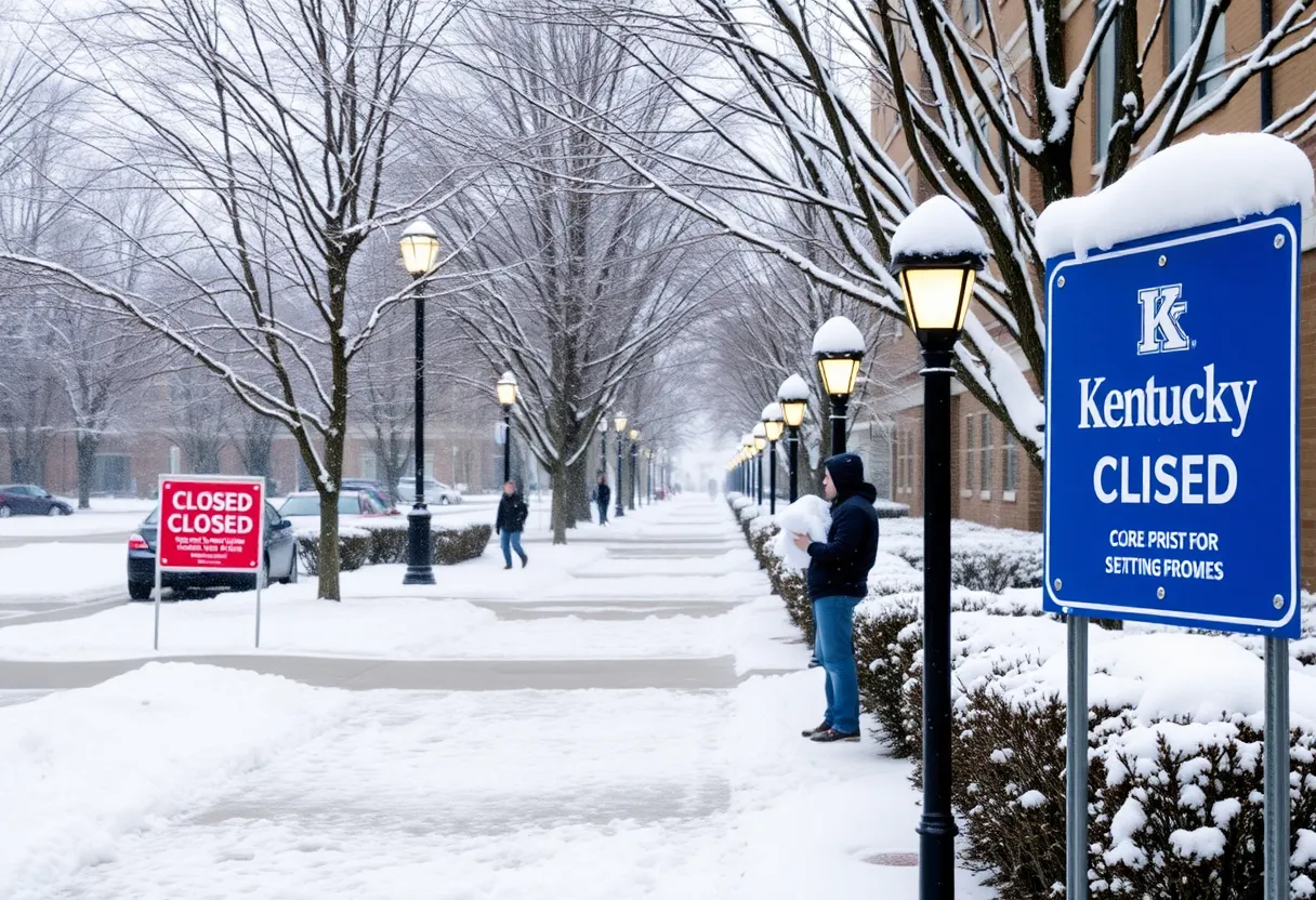 Snow-covered University of Kentucky campus during a winter storm
