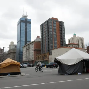 A cityscape showing empty streets and makeshift shelters indicating homelessness.