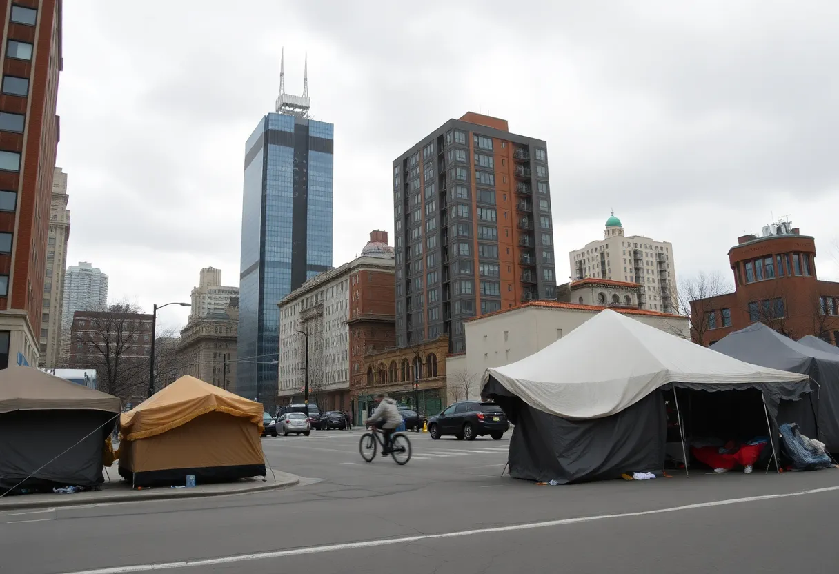 A cityscape showing empty streets and makeshift shelters indicating homelessness.