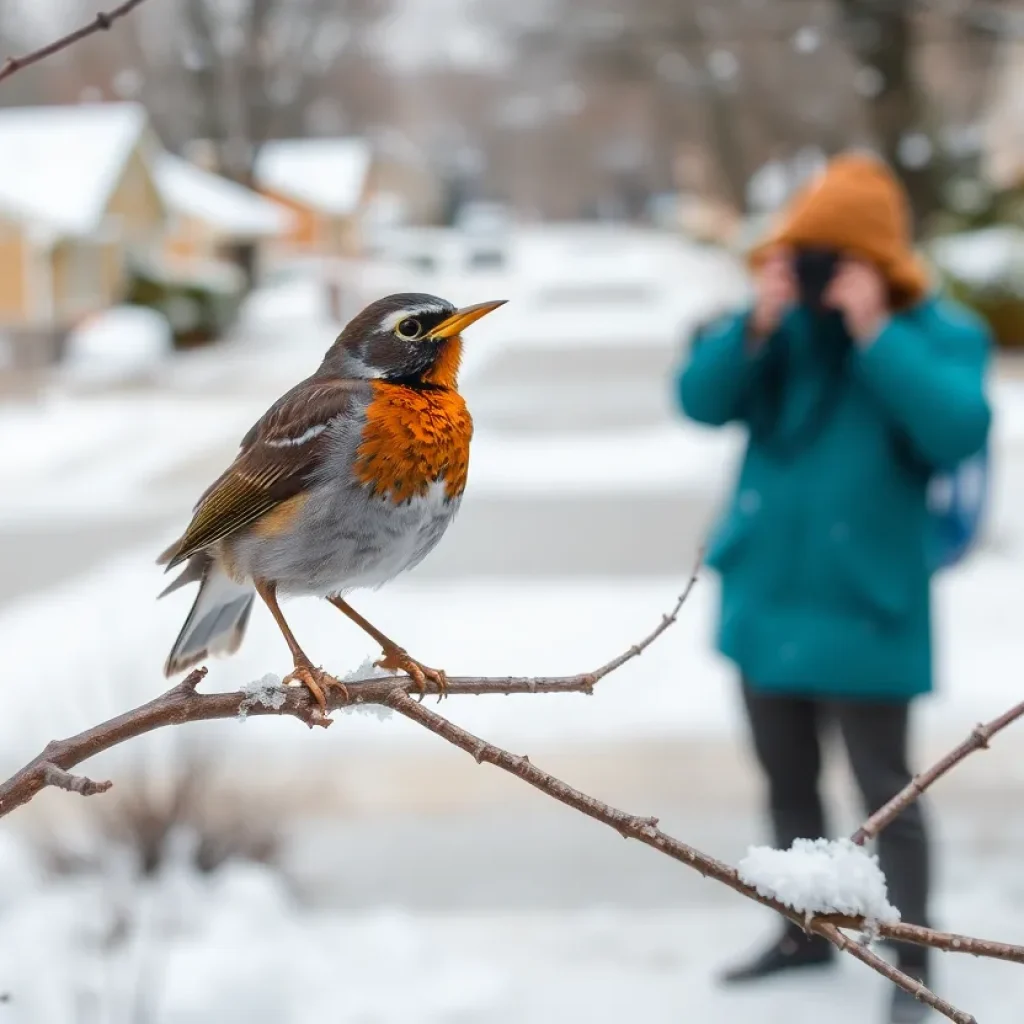 A varied thrush perched on a branch with birdwatchers in the background.
