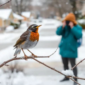 A varied thrush perched on a branch with birdwatchers in the background.
