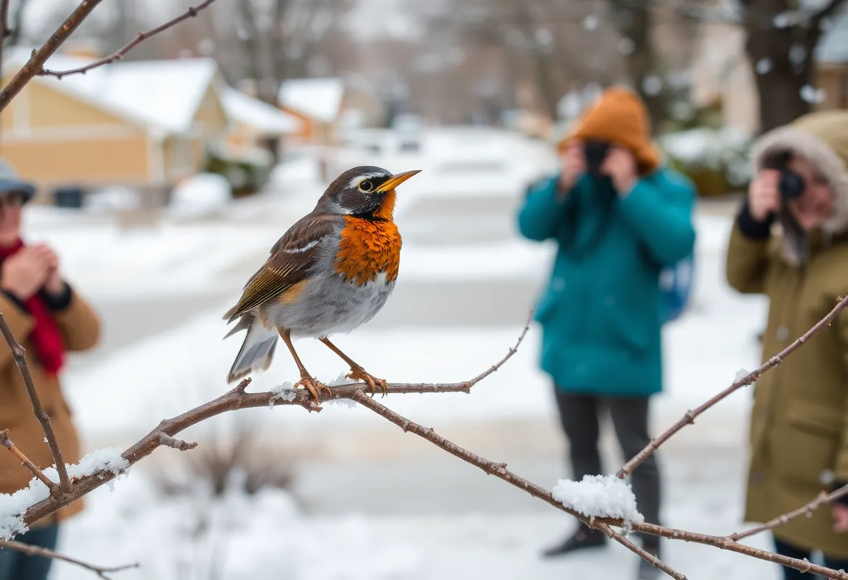 A varied thrush perched on a branch with birdwatchers in the background.