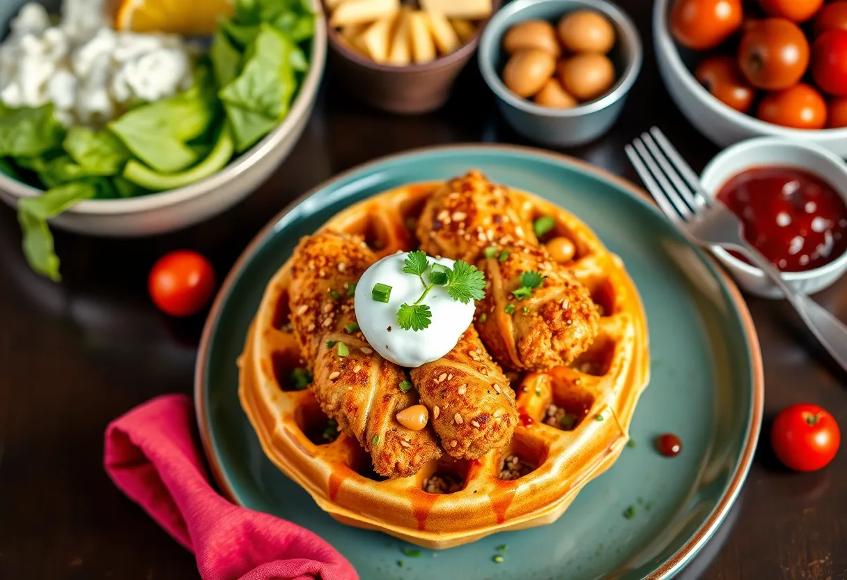 A plate of vegan chicken and waffles with a colorful garnish