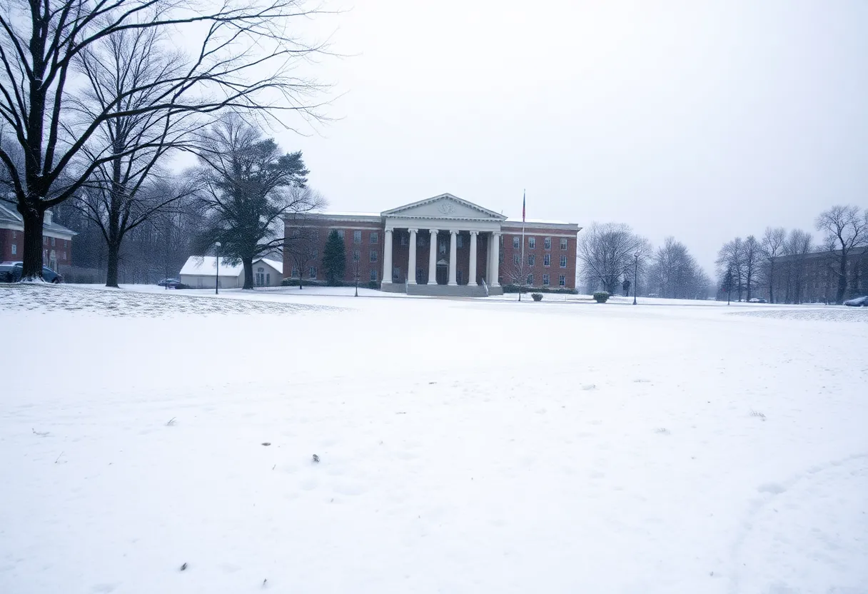 Snow-covered Kentucky courthouse during a winter storm
