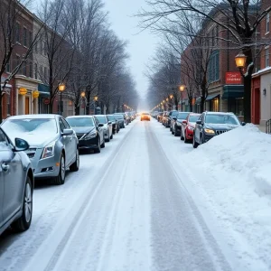 A snowy landscape of Lexington Kentucky during winter weather.