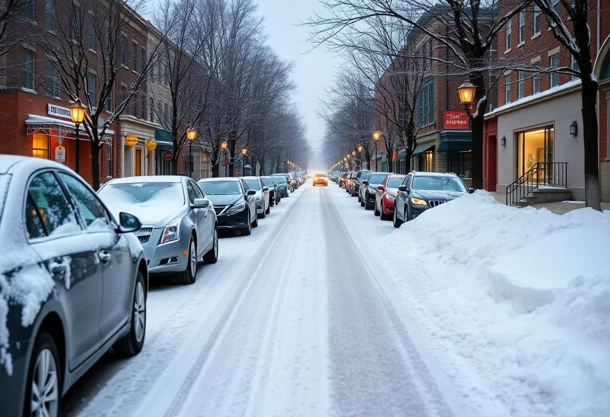 A snowy landscape of Lexington Kentucky during winter weather.