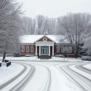 Snow-covered Kentucky school building during winter storm