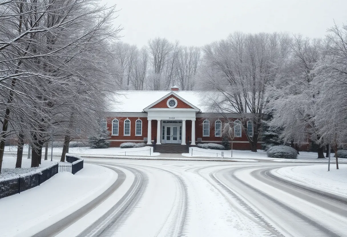 Snow-covered Kentucky school building during winter storm