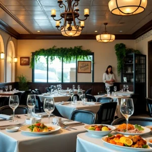 Interior of Athenian Grill with Greek dishes on the table