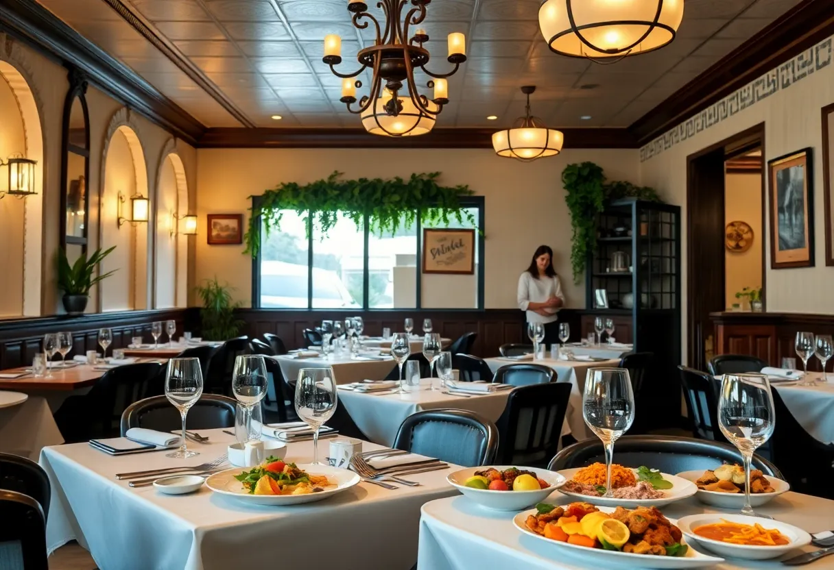 Interior of Athenian Grill with Greek dishes on the table