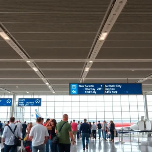 Passengers at Blue Grass Airport looking at flight information screens