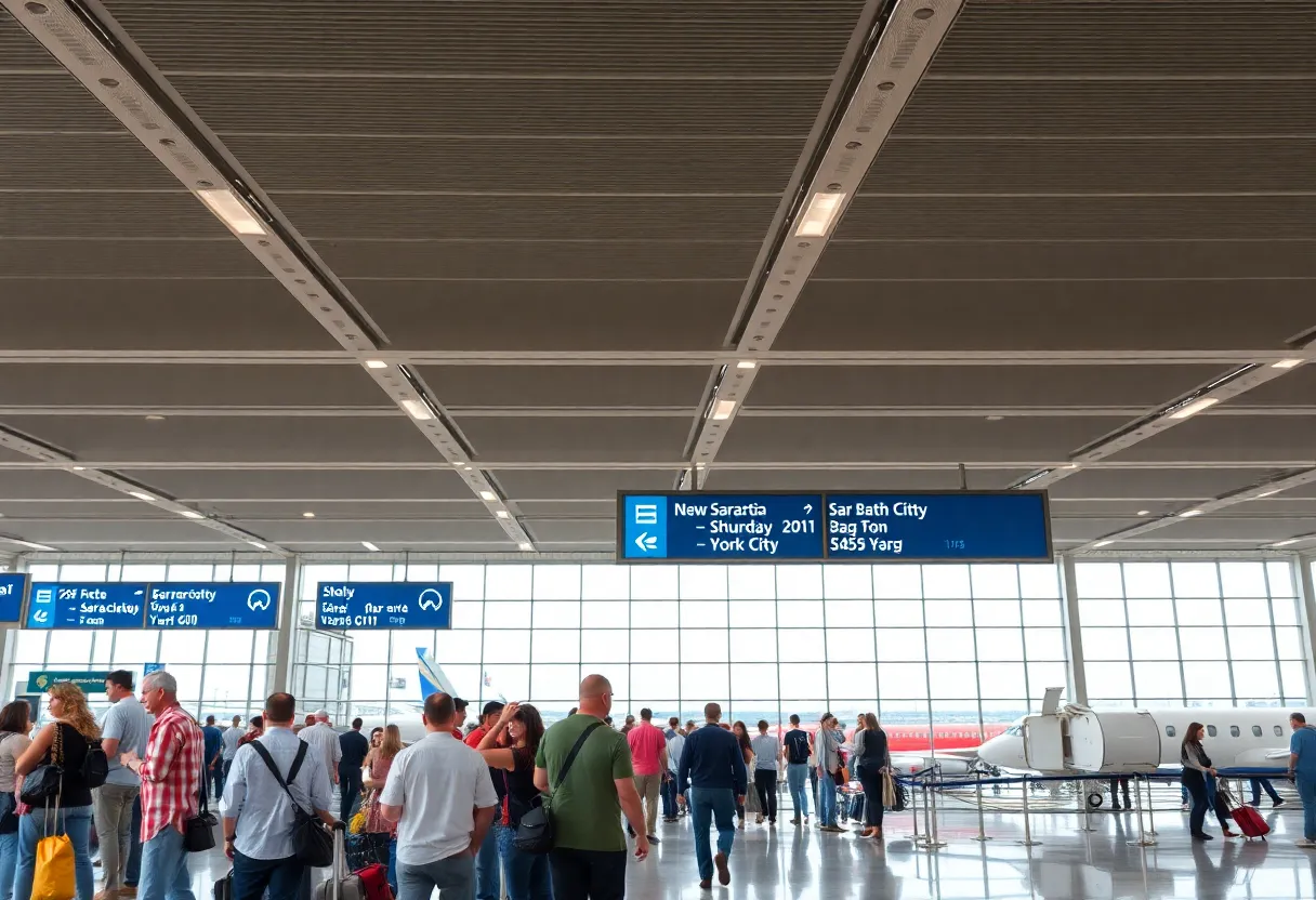 Passengers at Blue Grass Airport looking at flight information screens