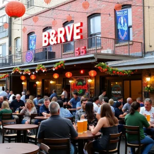Exterior view of Blue Stallion Brewing Co. with patrons enjoying drinks.